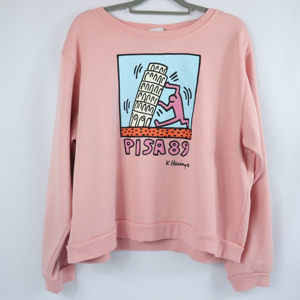 Keith Haring Pisa 89 Graphic Pink Fleece Crewneck Sweatshirt Womens XXL